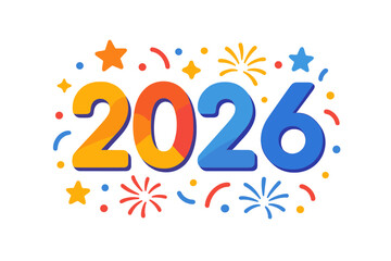 Happy New Year 2026 vector design. Colorful number logo for festive celebration. Greeting card, banner or poster illustration with fireworks and confetti. Graphic design.