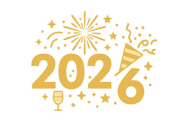 Happy New Year 2026 vector illustration. Golden festive design for party celebration. Includes fireworks, confetti popper, and champagne glass for banner, poster, greeting card.