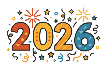 Happy New Year 2026 vector illustration. Festive greeting card design with numbers. Celebration background for poster, banner, holiday invitation. Party concept with fireworks.