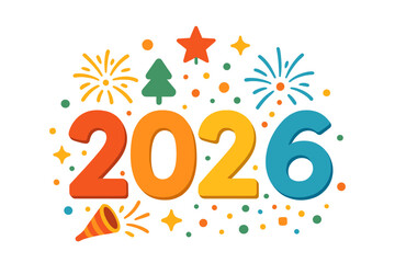 Happy New Year 2026 vector design. Colorful number logo with Christmas tree, star, and fireworks. Festive holiday illustration for poster, banner, and greeting card design.