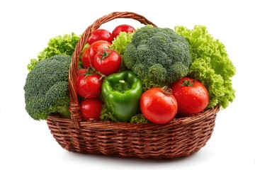 A woven basket overflows with colorful fresh produce on a white background