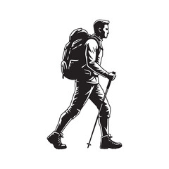 Hiker with backpack and poles in profile view silhouette