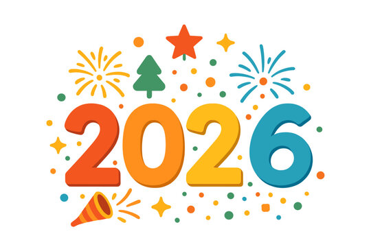 Happy New Year 2026 vector design. Colorful number logo with Christmas tree, star, and fireworks. Festive holiday illustration for poster, banner, and greeting card design.