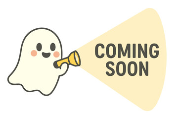 Cute ghost with a flashlight announcing coming soon. Spooky kawaii character for new product launch or movie teaser. Funny spirit revealing a secret message. Vector concept.