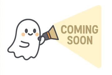 Cute ghost with flashlight and coming soon message. Vector for new product or movie announcement. Kawaii character for web banner, sale promotion or Halloween teaser concept.