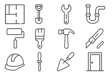 Repair and Renovation Line Icon Bundle with Modern Floor Plan, Tools, Construction, Plumbing, Painting, Hammer, Screwdriver, Trowel, Utility Knife, Hard Hat, and Door for Web, Apps, Design