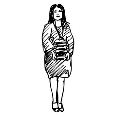 Standing lady holding a a stack of books. Hand drawn linear doodle rough sketch. Black and white silhouette.