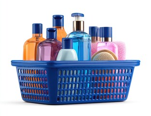 A blue basket brimming with bath and body products, on a white background