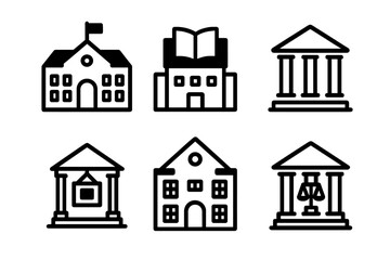 Fototapeta premium Public building icon set. School, library, courthouse, museum, bank, city hall illustrations. Vector line art symbols for government, education, law, finance and architecture.