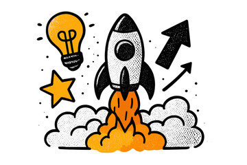 Rocket launch halftone collage element symbolizing success, startup business growth, creative ideas, innovation concept, modern entrepreneurship, vector illustration