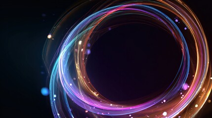 Abstract composition featuring glowing, iridescent rings with particles on dark background