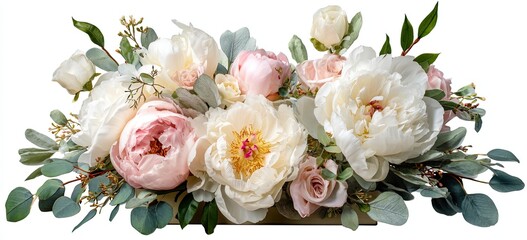 A floral arrangement of creamy white and blush peonies, roses, and greenery against a white background