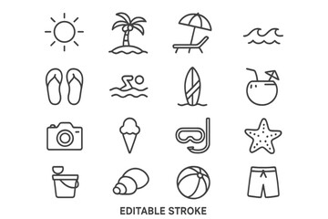 Summer icons set for beach vacations and holidays, includes objects, landscapes, activities, vector thin line illustration with editable stroke, seasonal summer elements and travel essentials