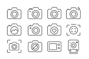 Photo camera line icon set. Vector photography pictogram collection. Minimal outline symbols for web, mobile app, and UI design. Includes flash, focus, instant camera. Editable stroke.