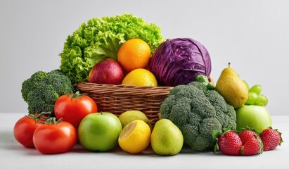 A wicker basket overflows with colorful fruits & vegetables, a healthy, vibrant assortment