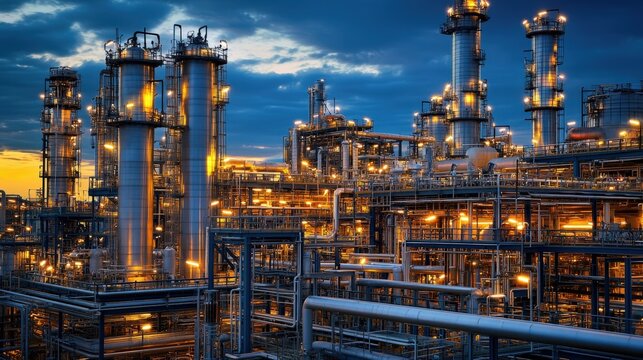 An oil refinery or chemical plant at dusk, with intricate piping and illuminated structures, highlighting complex industrial processes.