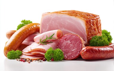 Variety of cured meats arranged with herbs and peppercorns against a white background