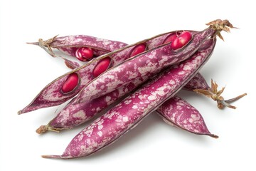 Open bean pods with vibrant pink and white speckled patterns, displaying crimson beans