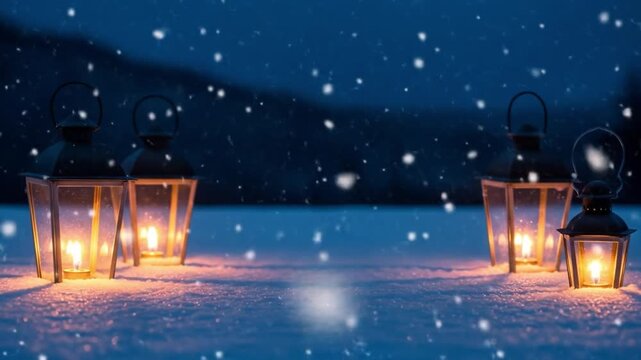 Four lanterns with burning candles sit on snow in a dim blue winter landscape