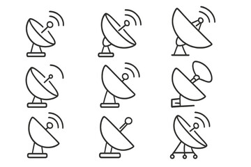 Satellite dish icon set. Simple linear pictograms of communication antenna. Broadcast signal, wireless technology concept. Editable stroke vector for app and web design.