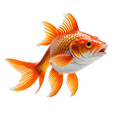 Fototapeta premium Vibrant orange goldfish with flowing fins, mouth open, isolated on black background