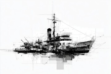 Abstract grayscale rendering of a warship, fragmented and detailed with geometric elements