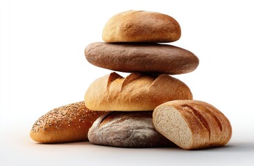Various loaves of baked bread stacked and arranged, some sliced, isolated on white