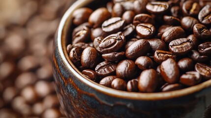 Fototapeta premium Close-up of coffee beans and a coffee cup, rich aroma.