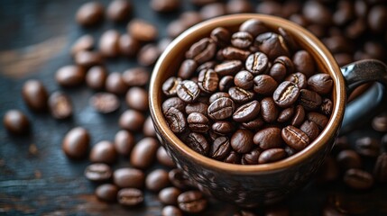 Fototapeta premium Close-up of coffee beans and a coffee cup, rich aroma.