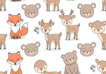 Seamless pattern featuring cute hand drawn woodland creatures on white background