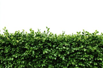 A dense, green hedge with small leaves against a stark white background