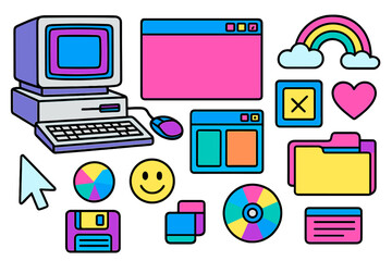 Vivid 80s Retro Computer Aesthetic Elements Set with Bright Y2K Style Icons, Retro PC User Interface, Operating System Windows Graphics, Colorful Vector Sticker Pack