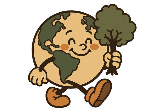 Vintage retro style happy Earth planet character walking with tree, smiling environmental mascot, 70s inspired eco-friendly greeting card design, Earth Day celebration concept
