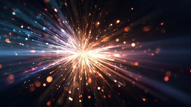 Abstract burst of light and particles radiating outward from a central bright point on a dark background