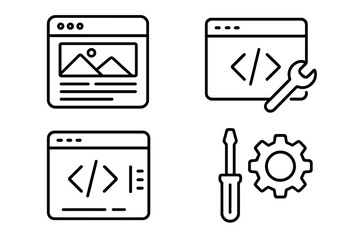 Web design & development line icon set. UI, UX, coding, programming vector symbols. Website building, app interface, maintenance, & settings concepts. Editable stroke icons.