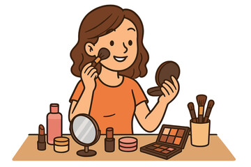 Woman applying makeup with cosmetic brush on cheek. Girl with beauty products. Daily morning routine, skincare concept. Female character, powder, mirror, lipstick, eyeshadow.