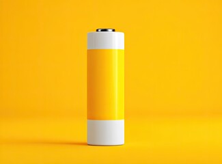Single AA battery, bright yellow band, white casing, studio shot on solid yellow background