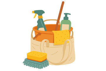 Eco-friendly home cleaning supplies with plastic bucket, mop, sponge, spray bottle, and hygiene products inside reusable shopping bag for spring cleaning concept, domestic cleaning essentials