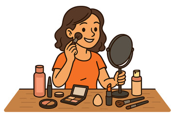 Woman applying makeup holding a mirror. Girl doing her morning beauty routine with cosmetics. Cartoon character putting on powder, blush, and lipstick. Skincare concept vector.