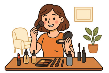 Woman applying makeup, using cosmetic products. Beauty morning routine concept. Girl with mirror and brush doing her make-up. Skincare and cosmetology. Cartoon vector illustration.
