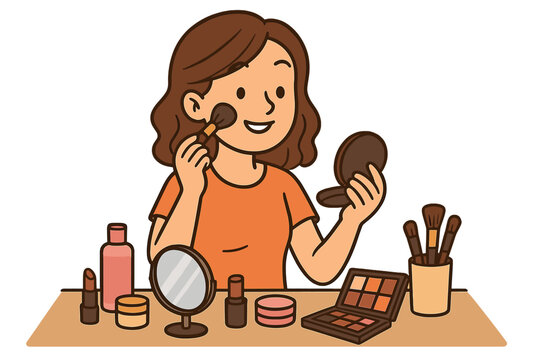 Woman applying makeup with cosmetic brush on cheek. Girl with beauty products. Daily morning routine, skincare concept. Female character, powder, mirror, lipstick, eyeshadow.