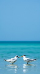 Obraz premium Graceful Royal Terns on the Shimmering Turquoise Waterscape of the Shore