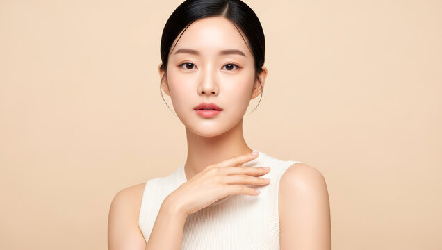 깔끔한 베이지 배경 앞에서 단정한 포즈로 서 있는 여성 뷰티모델