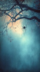 Obraz premium Spider hanging from a branch in foggy forest