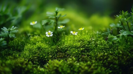 Lush green moss with tiny wildflowers, a detailed macro shot showcasing organic textures.
