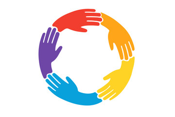 Colorful hands in a circle. Vector icon for teamwork, community, unity, and partnership. Logo for diversity, volunteering, social projects, and charity. Togetherness symbol.