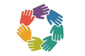 Circle of colorful hands for partnership, teamwork, unity, and community. Vector icon for diversity, culture, social connection, education, volunteering, and charity work.