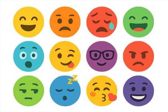 Colorful emoji faces collection. Set of expressive circular emoticon icons in flat style. Vector cartoon illustration with different emotions, feelings, and moods like happy, sad, angry.