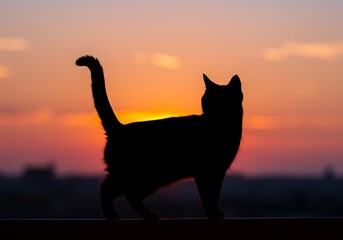 Silhouette cat with majestic tail against a background of sunset sky