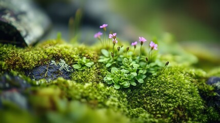 Lush green moss with tiny wildflowers, a detailed macro shot showcasing organic textures.